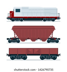 Train cargo wagons.  Railway transport. Diesel Locomotive, hopper car and cargo wagon. Part sf set.