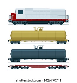 Train cargo wagons.  Railway transport. Diesel Locomotive, railroad tank car and heavy duty flat car. Part sf set.