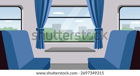 Train Carriage Interior with Cityscape View. Railway Passenger Seating Area. Public Transport Train Seat Design. Train Compartment Seat Illustration