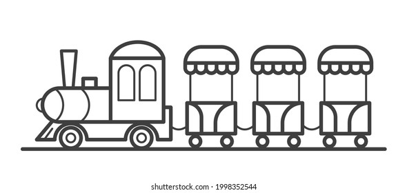 A train with carriages in an amusement park. An attraction for children. Outline vector line illustration isolated on white background
