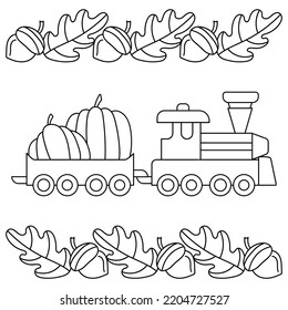 The train is carrying wagons with pumpkins. Autumn theme. Coloring page for kids. Vector illustration