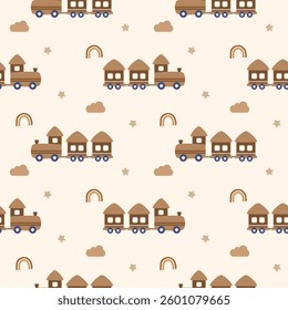 Train cartoon so cute. On cloud star rainbow background. Pattern seamless vector illustration. 