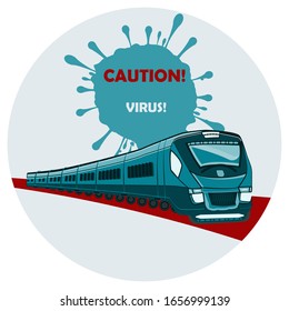 Train - Caution. Virus. - icon isolated on a white background - vector. Warning about the spread of viral infections in public transport. Passenger safety concept.