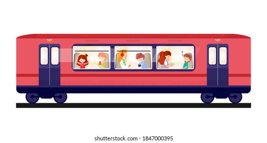 Train with children in windows traveling background. People moving in train. Country scene view with transport vector illustration. Boys and girls in carriage on white background.
