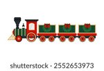 Train. Christmas train toy. Steam train with wagons decorated with Christmas wreaths and bows. Flat illustration on white background. 