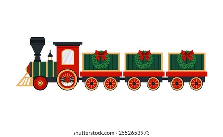 Tren. Juguete del tren de las Navidades. Tren de vapor con vagones decorados con coronas de Navidades y arcos. Ilustración plana sobre fondo blanco. 