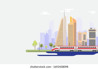  Train and city. Travel by train concept background. Vector illustration.