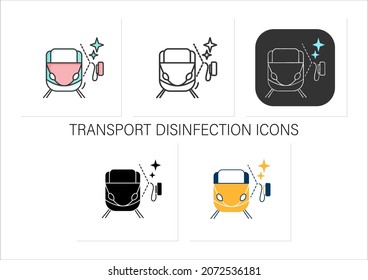 Train clean icons set.Railroad carriage disinfection.Corona virus,infections spread prevention,public transport cleaning.Collection of icons in linear,filled,color style.Isolated vector illustration
