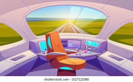 Train cockpit with control panel and armchair, empty railway car cabin with electronic dashboard, buttons and panoramic windows with rails and summer nature landscape view. Cartoon vector illustration