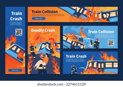 Train collision deadly crash accident catastrophe landing page advertising poster set vector illustration. Dangerous explosion firefighter puts out fire save victim. Railroad railway destruction