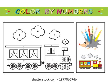 Train, coloring book, color by numbers.  Learn numbers for kindergartens and schools. Educational game. Worksheet for education.