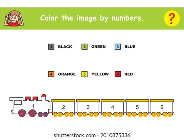 Train, coloring book, color by numbers.  Learn numbers for kindergartens and schools. Educational game. Worksheet for education.