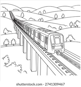 Train Coloring Page - Printable Metro on Viaduct Line Art for Kids  Adults