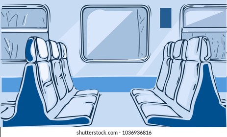 Train, Commuter Shuttle Inside Interior With Seats, Windows, Shadows, Concept Of Transport, Commuter Trains, Travel. Vector, Copy Space, Sketch Style.