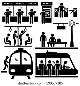 Train Commuter Station Subway Man People Passengers Stick Figure Pictogram Icon