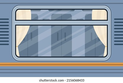 Train compartment windows. Rail transport is shown outside. Cartoon style. Flat style. Vector illustration