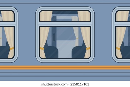 Train compartment windows. Rail transport outside. Cartoon style. Flat style. Vector illustration