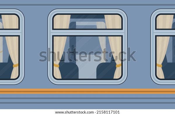 Train compartment windows.\
Rail transport outside. Cartoon style. Flat style. Vector\
illustration