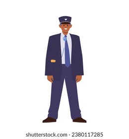 Train conductor cartoon character providing professional service for passenger in public transport