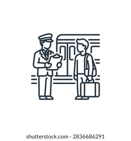 Train conductor checking passenger ticket illustration.