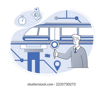 Train conductor concept. Man regulates movement on rails. Travel and technology service. Poster or banner for website. Worker in uniform at railway with sign. Cartoon flat vector illustration