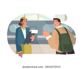 Train Conductor Consultation. A conductor assists a traveler at the station, enhancing the travel experience with helpful guidance