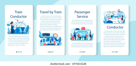 Train conductor mobile application banner set. Railway worker in uniform on duty. Train attendant help passenger in journey. Traveling by train. Flat vector illustration