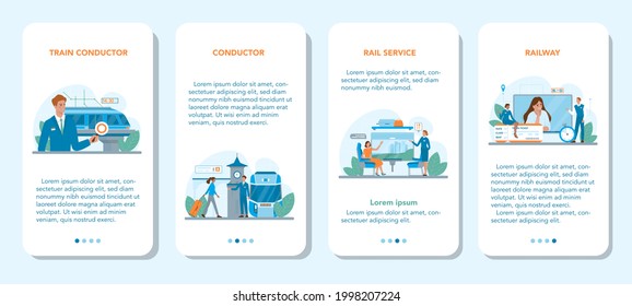 Train conductor mobile application banner set. Railway worker in uniform on duty. Train attendant help passenger in journey. Traveling by train. Vector flat illustration