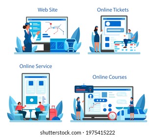 Train conductor online service or platform set. Railway worker in uniform on duty. Train attendant help passenger in journey. Online course, tickets, website. Flat vector illustration