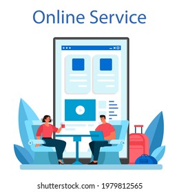 Train conductor online service or platform. Railway worker in uniform on duty. Train attendant help passenger in journey. Flat vector illustration