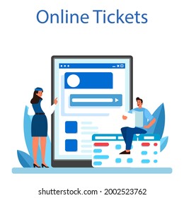 Train conductor online service or platform. Railway worker in uniform on duty. Train attendant help passenger in journey. Online tickets. Flat vector illustration