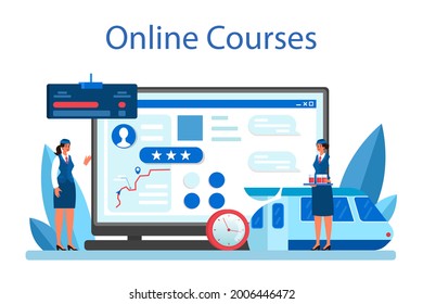Train conductor online service or platform. Railway worker in uniform on duty. Train attendant help passenger in journey. Online course. Flat vector illustration