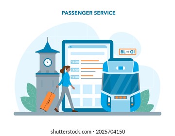 Train conductor online service or platform. Railway worker in uniform on duty. Train attendant help passenger. Online passenger service. Vector flat illustration