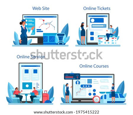 Train conductor online service or platform set. Railway worker in uniform on duty. Train attendant help passenger in journey. Online course, tickets, website. Flat vector illustration