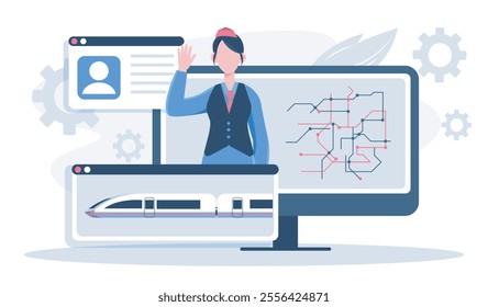 Train conductor online. Woman in uniform at computer with metropolis map. Urban infrastructure. Travel, trip and tourism, journey. Flat vector illustration isolated on white background