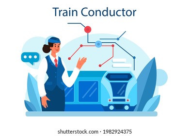 Train conductor. Railway worker in uniform on duty. Train attendant help passenger in journey. Traveling by train. Idea of professional occupation and tourism. Vector illustration