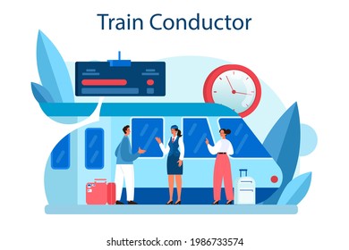 Conductor de tren. Trabajador de tren con uniforme de guardia. La auxiliar de trenes ayuda a los pasajeros en el viaje. Viajando en tren. Idea de ocupación profesional y turismo. Ilustración del vector