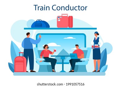 Train conductor. Railway worker in uniform on duty. Train attendant help passenger in journey. Traveling by train. Idea of professional occupation and tourism. Vector illustration