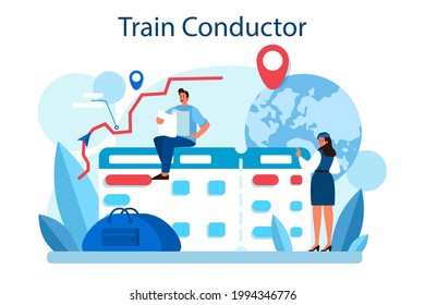Conductor de tren. Trabajador de tren con uniforme de guardia. La auxiliar de trenes ayuda a los pasajeros en el viaje. Viajando en tren. Idea de ocupación profesional y turismo. Ilustración del vector