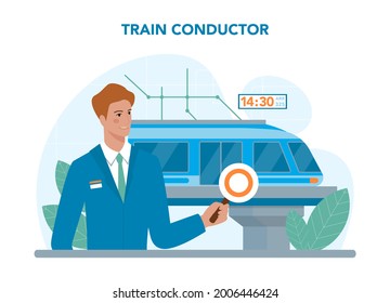 Train conductor. Railway worker in uniform on duty. Train attendant help passenger in journey. Traveling by train. Idea of professional occupation and tourism. Vector illustration