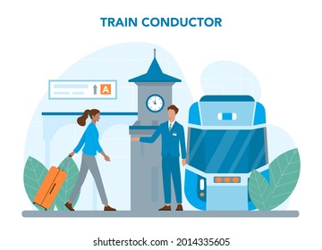 Train conductor. Railway worker in uniform on duty. Train attendant help passenger in journey. Traveling by train. Idea of professional occupation and tourism. Vector illustration