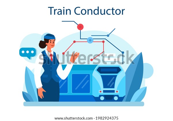 Train\
conductor. Railway worker in uniform on duty. Train attendant help\
passenger in journey. Traveling by train. Idea of professional\
occupation and tourism. Vector\
illustration