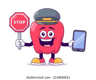 Diseño de la imagen del vector del personaje de la caricatura de pimiento rojo del conductor del tren