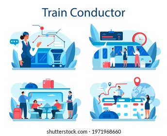 Train conductor set. Railway worker in uniform on duty. Train attendant help passenger in journey. Traveling by train. Idea of professional occupation and tourism. Vector illustration