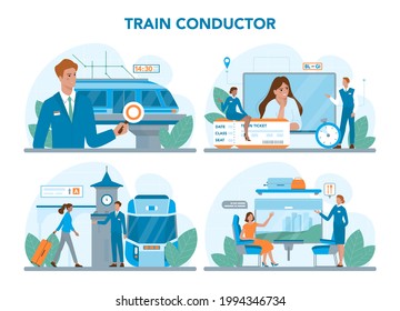 Train conductor set. Railway worker in uniform on duty. Train attendant help passenger in journey. Traveling by train. Idea of professional occupation and tourism. Vector illustration