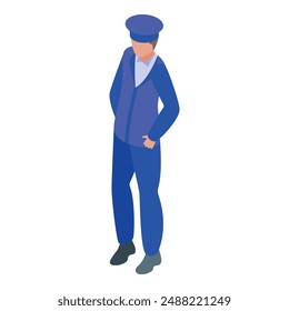 Train conductor standing with hand on hip wearing blue uniform isometric illustration