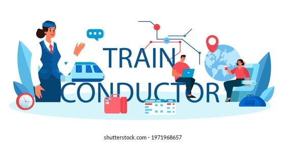 Train conductor typographic header. Railway worker in uniform on duty. Train attendant help passenger in journey. Traveling by train. Flat vector illustration
