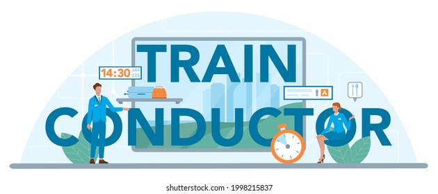 Zugleiter-typografische Header. Eisenbahnarbeiter im Dienst. Zugbegleiter helfen Fahrgästen bei der Reise. Reisen mit dem Zug. Vektorgrafik