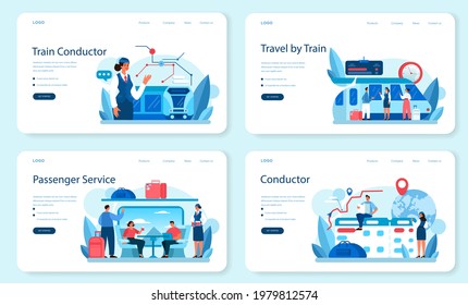Train conductor web banner or landing page set. Railway worker in uniform on duty. Train attendant help passenger in journey. Traveling by train. Flat vector illustration