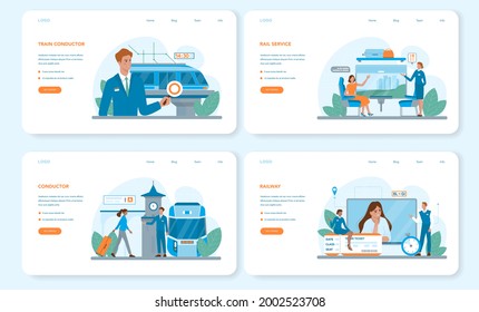 Train conductor web banner or landing page set. Railway worker in uniform on duty. Train attendant help passenger in journey. Traveling by train. Vector flat illustration